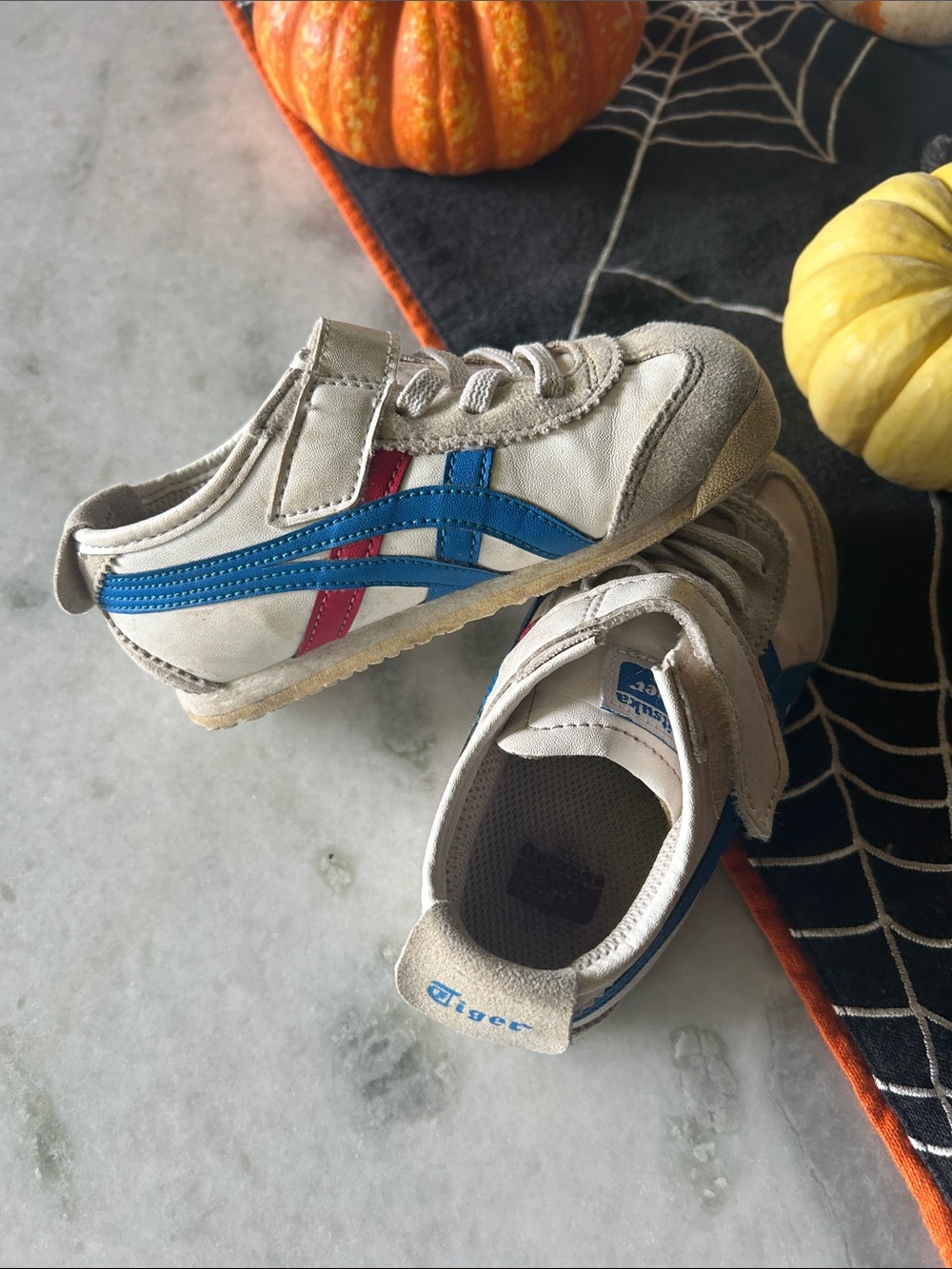 Onitsuka Tiger Kids Cream Sneakers with Blue and Red Accents